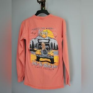 Simply Southern Size Small Graphic Long Sleeve Tee Orange Coral Dog Jeep Jesus